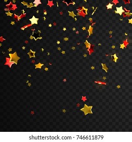 Golden And Red Falling Confetti Isolated On Black Transparent Background. Vector Festive Illustration of Flying Glittering Stars. Festive Tinsel Element for Holiday Design. Award Ceremony Decoration