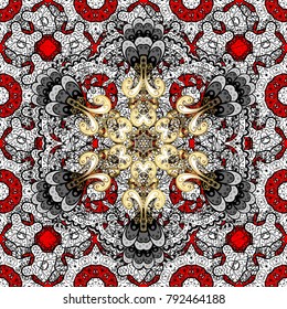 Golden red floral ornament in baroque style. Antique golden repeatable wallpaper. Damask seamless pattern repeating background.