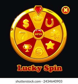 Golden and red fortune wheel spin machine with set icons. Casino banner design element for UI