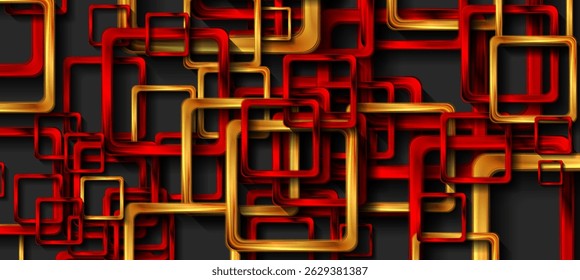 Golden and red glossy metallic squares abstract technology background. Geometric concept vector design