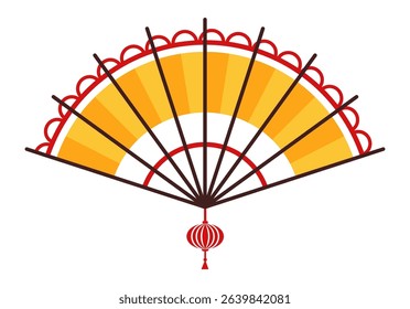 Golden and red hand fan with traditional chinese ornaments hanging, representing culture, art and decoration, isolated on a white background