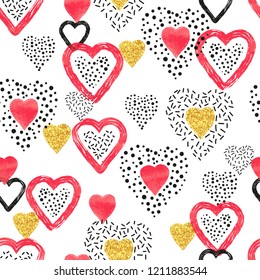 Golden and red heart pattern. Valentines Day seamless background.