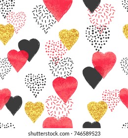 Golden and red hearts pattern. Valentines Day seamless background.