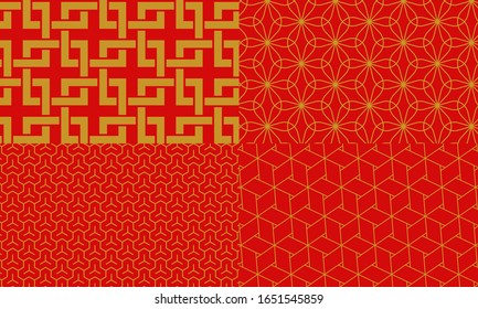 Golden and red Japanese pattern corner connection, Rinju hemp leaf, Bishamon turtle shell, Ajiro hemp leaf