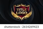 Golden and Red Logo Symbol Badge with Flying Wings. Royal Style Icon Emblem. Sports Team Logo. Luxury Brand Name Plate. Victory And Ancient Style Frame. Ornamental Frame Elite Club Logotype.