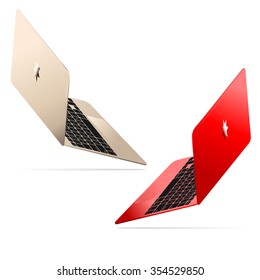 Golden and red modern laptop vector illustration isolated on white background. Macbook style notebook.