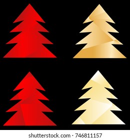Golden and red polygonal Christmas trees on black background.