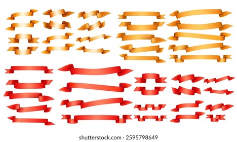 Golden and red ribbons set. Gift decorations. Present wrapping elements. Festive accessories. Multicolored bows. Package decorations. Event supplies. Decorative elements. Vector illustration.