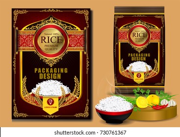 Golden and Red Rice Package Thailand food Logo Products and Fabric Background Thai frame Arts, banner and poster template design rice food.Golden template and rice design