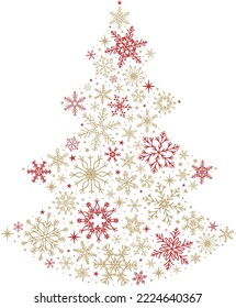 Golden and red snowflake Christmas tree on white background. Christmas vector card