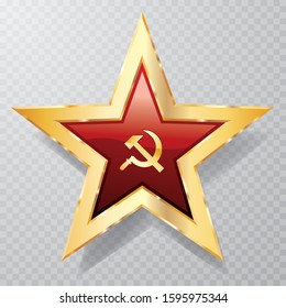 golden red star with sickle, hammer and transparent shadow, communist icon