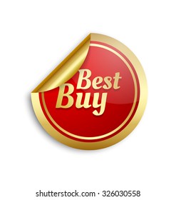 Golden and red sticker with lettering Best Buy placed on white background