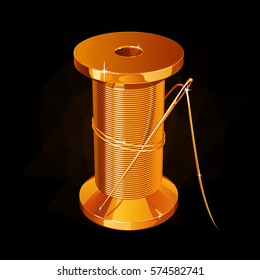 golden reel of thread with a needle on a black background with light and glare