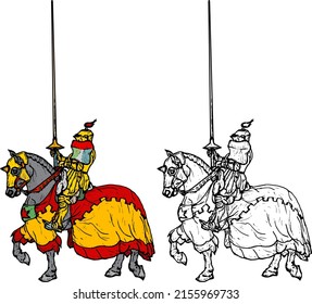 Golden regal knight holding a long lance on a galloping horse, isolated against white. Hand drawn vector illustration.