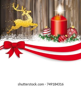 Golden reindeer with candle and christmas baubles in the snow.  Eps 10 vector file.