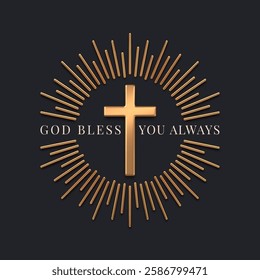 Golden religious cross with sunburst and religious quote. 3d gold metal latin catholic cross. Vector illustration.