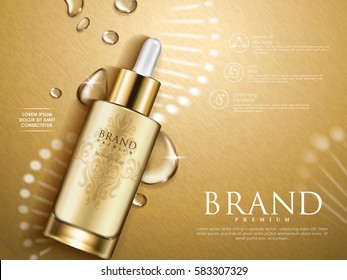 golden repair serum with helical structure and water drops, 3d illustration