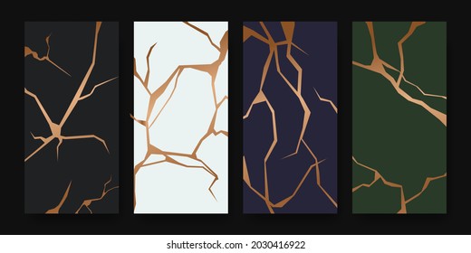 Golden restoration kintsugi cover design. Luxury elegant marble ceramic texture. Crack and broken ground pattern for wall, poster, banner, social media,