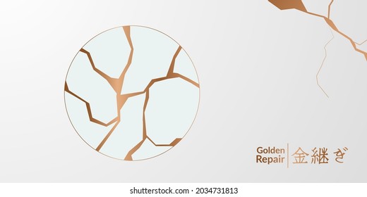 Golden restoration kintsugi cover design with white background. Luxury elegant marble ceramic texture. Crack and broken ground pattern for wall, poster, banner, social media,