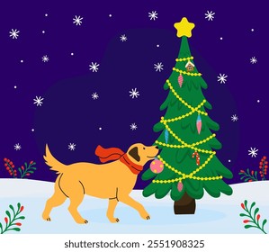 Golden retriever admires Christmas tree in snowy winter night setting