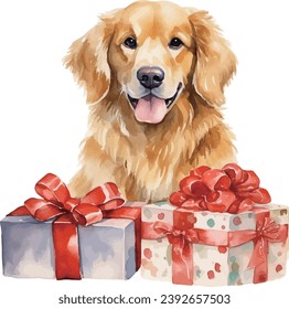 golden retriever with christmas giftbox watercolor vector illustration