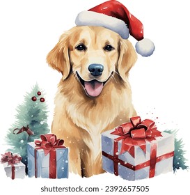 golden retriever with christmas giftbox watercolor vector illustration