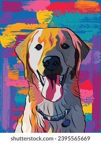 Golden retriever in colorful colors isolated on a vivid background, pop art style. Amazing Illustration Dog Pop Art. Poster, comic book. Beautiful cover. Attractive design, cartoon detailed dog.