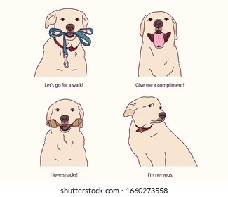 Comunicación de Golden Retriever. La expresión facial y el comportamiento se cierran. ilustraciones de diseño vectorial de estilo dibujado a mano. 