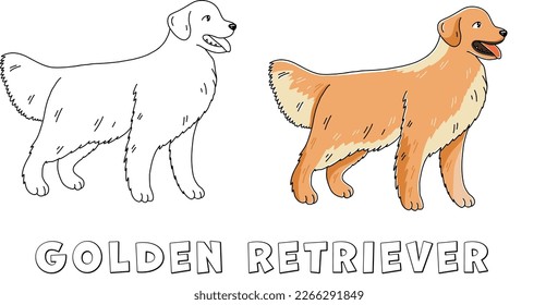 Golden retriever cute vector outline cartoon illustration for coloring book isolated on white background