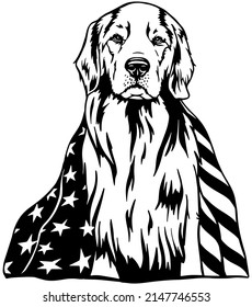 Golden Retriever. Decorative outline portrait of dog golden retriever with USA flag, vector illustration in black color isolated on white background. Image for design and tattoo.