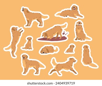 Golden Retriever In Different Poses Stickers Set. Friendly Pet Dog Digging Soil, Sitting, Lying And Gnaws Bone, Sleeping