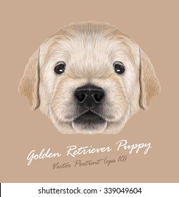 Golden Retriever dog animal cute face. Vector little cute blond Golden Retriever puppy head portrait. Realistic fur portrait of purebred newborn happy retriever doggy isolated on beige background.