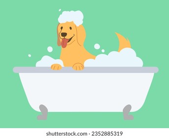 Golden Retriever Dog Bath Bathing Grooming Pet Bath Tub Flat Design 
