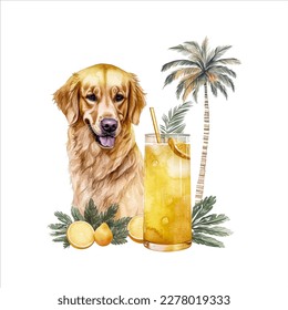 raza de perro recuperador de oro, vibraciones de verano, playa y palmera, piña y jugo de limón, aislado en fondo blanco, vector acuarela para camiseta, taza, tumbler, pegatina, sublimación