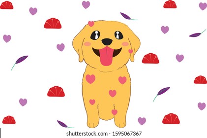 Golden Retriever Dog cute cartoon vector with love background