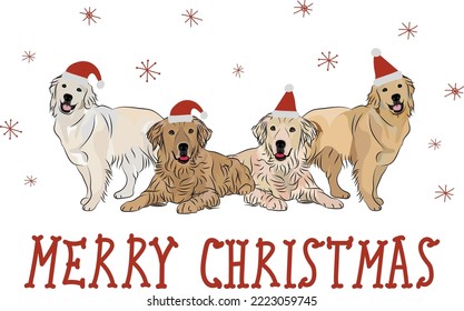 Golden Retriever dog drawing. Cute dog characters in various poses, designs for prints, adorable and cute Christmas Retriever breed cartoon vector set, in different poses in hats, smiling cute pet.