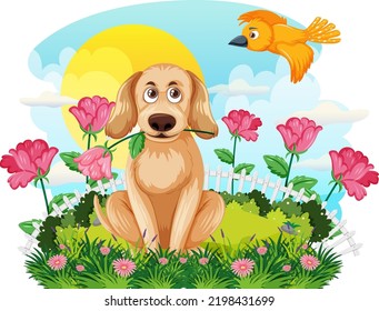 Golden retriever dog in flower field illustration