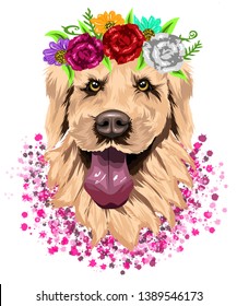 Golden retriever dog with flower wreath and roses. vector dog. dog illustration