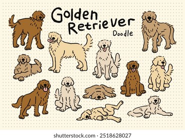 Golden Retriever Dog mão desenhado Doodle Set