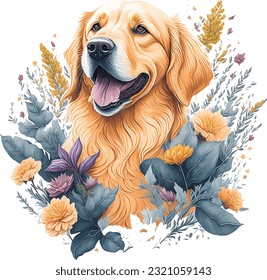 retrato aislado de perro recuperador dorado cubierto de flores y hojas. Esta obra de arte es de acuarela y está decorada con salpicaduras florales. Colores apagados usados y fino detalle el doggy.