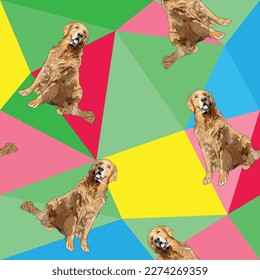 Golden Retriever dog on a mosaic geometric background. Funky, colorful vibe, rainbow colors palette. Simple, clean, modern texture. Geometric, polygon style. Summer seamless pattern with dogs.Triangle