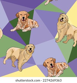 Golden Retriever dog on a mosaic geometric background. Funky, colorful vibe, rainbow colors palette. Simple, clean, modern texture. Geometric, polygon style. Summer seamless pattern with dogs.Triangle