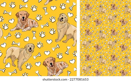 Golden retriever dog on a playful yellow background with bones and paws. Funky, colorful vibe, vibrant palette. Simple, clean, modern texture. Summer seamless pattern with dogs. Birthday present. Love