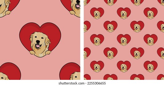 Golden Retriever Hund mit Pfotenmuster, Valentinstag Herztapete. Liebes Herz mit Haustier-Urlaub-Textur. Hundewand mit Hundekartoon, quadratischer Hintergrund. Valentinstag-Tageszeitung.