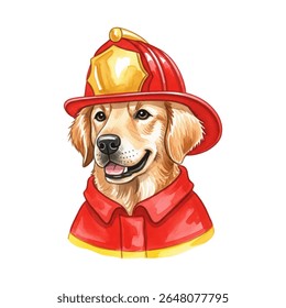 Golden Retriever dog in red firefighter's helmet and uniform with a gold emblem vector illustration. The dog has friendly expression, with its mouth slightly open. Firefighter Golden Retriever dog