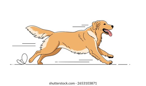 Golden retriever dog running happy and playful outdoors chasing a butterfly on a sunny day