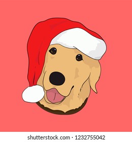 Golden retriever dog with Santa Claus hat, Santa hat. smile cute pet in Christmas