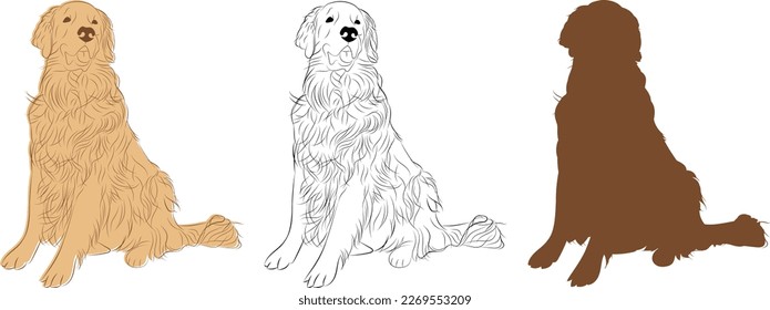 Golden Retriever Hund in einer Sitzposition. Schlaganfall, Zeilengrafik. Schokolade und Golden. Cartoon-Stil. Silhouette Logo Design, beliebte Farbe, Rasse Haustier Charakter Postcard Kunst. Funny Doodles Hund.