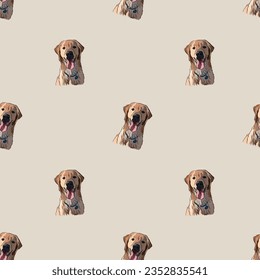 Golden retriever dog smiling face. Golden Retriever Peeking dog. Happy Face Puppy, Pet detailed artwork, Labrador, Lab logo. Seamless pattern with dogs, holiday texture. Dog Packaging wrapping paper.