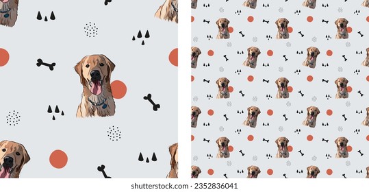 Golden retriever dog smiling face. Golden Retriever Peeking dog. Happy Face Puppy, Pet detailed artwork, Labrador, Lab icon. Dog with paws, Seamless abstract pattern, holiday texture with bone, cirles